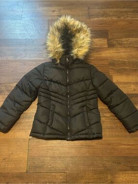 Madden Girl Black Chevron Puffer Jacket Coat Faux Fur Hood Size 7/8